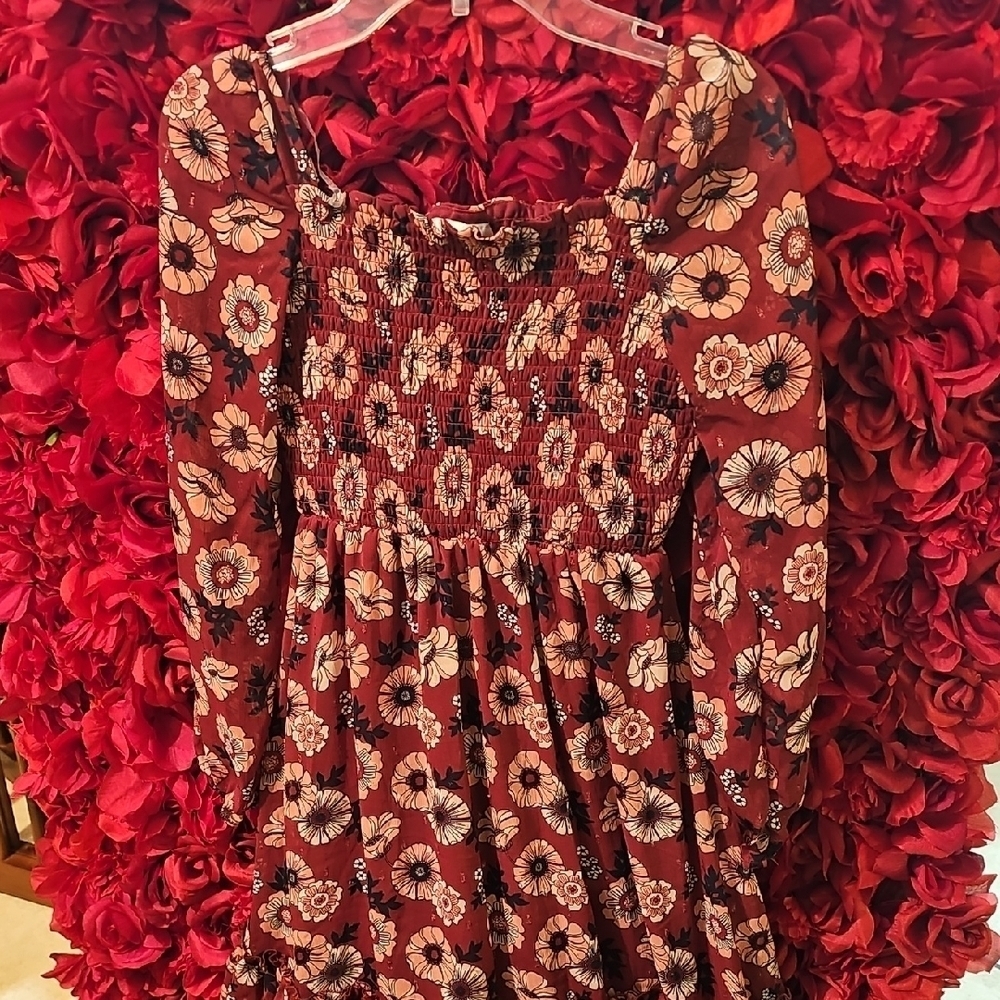 Rare Editions Floral Burgundy & Pink Ruffle Tier Lined Dress Size Large